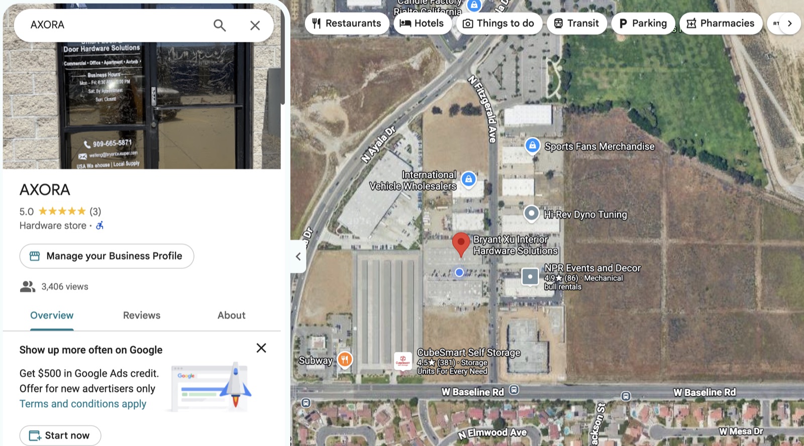 Satellite view of AXORA's Rialto warehouse and showroom area